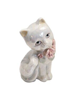 Vintage Ceramic Cat Iridescent Glazed With Flowers  Around Neck